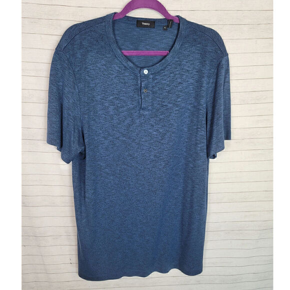 Theory Anemone Gaskell Short-Sleeve Henley Shirt in Heathered Blue, sz XL - Picture 1 of 10